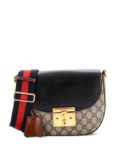 Pre-owned Gucci Padlock Saddle Shoulder Bag Gg Coated Canvas And Leather Medium Crossbody Bag In Black