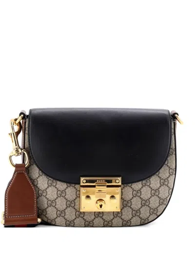 Pre-owned Gucci Padlock Saddle Shoulder Bag Gg Coated Canvas And Leather Medium Crossbody Bag In Brown