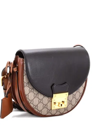 Pre-owned Gucci Padlock Saddle Shoulder Bag Gg Coated Canvas And Leather Small Crossbody Bag In Black
