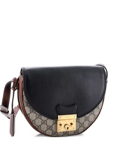 Pre-owned Gucci Padlock Saddle Shoulder Bag Gg Coated Canvas And Leather Small Crossbody Bag In Black