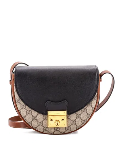 Pre-owned Gucci Padlock Saddle Shoulder Bag Gg Coated Canvas And Leather Small Crossbody Bag In Black