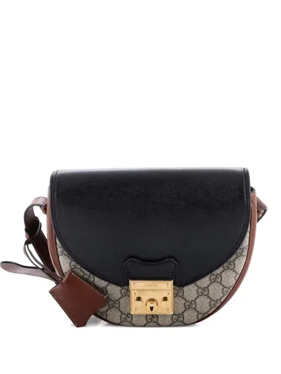 Pre-owned Gucci Padlock Saddle Shoulder Bag Gg Coated Canvas And Leather Small Crossbody Bag In Black