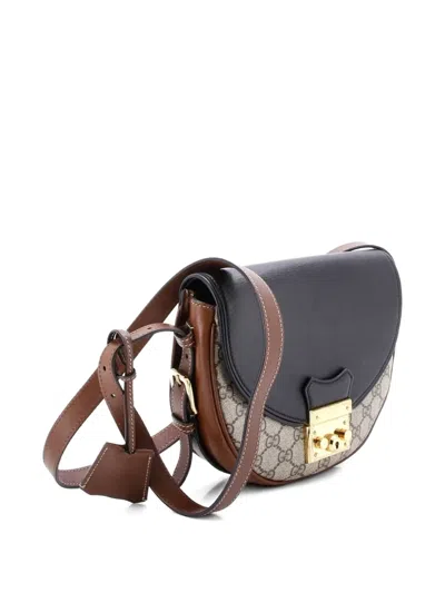 Pre-owned Gucci Padlock Saddle Shoulder Bag Gg Coated Canvas And Leather Small Crossbody Bag In Black
