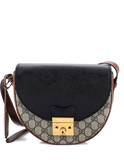 Pre-owned Gucci Padlock Saddle Shoulder Bag Gg Coated Canvas And Leather Small Crossbody Bag In Black