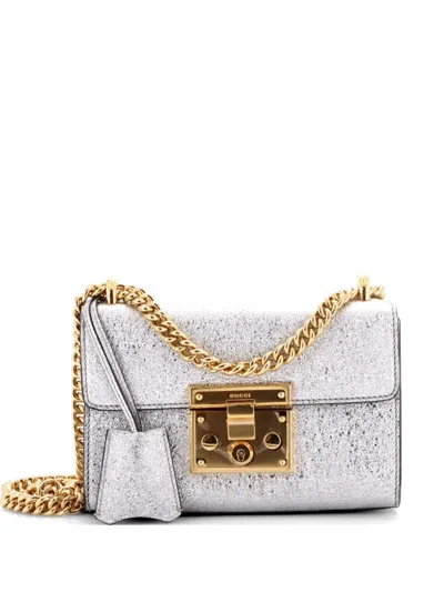 Pre-owned Gucci Padlock Shoulder Bag Textured Metallic Leather Small Crossbody Bag In Silver