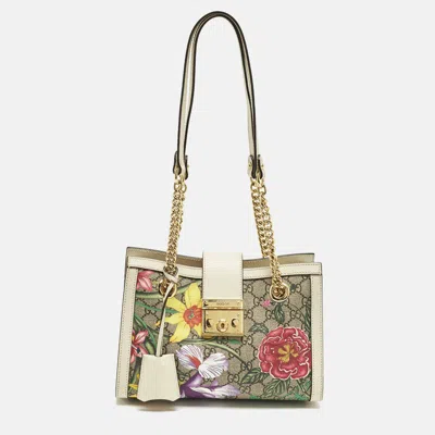 Pre-owned Gucci Padlock Small Beige/off White Flora Gg Supreme Canvas Tote In Sand