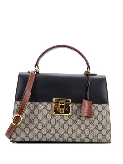 Pre-owned Gucci Padlock Top Handle Bag Gg Coated Canvas And Leather Medium Satchel In Black