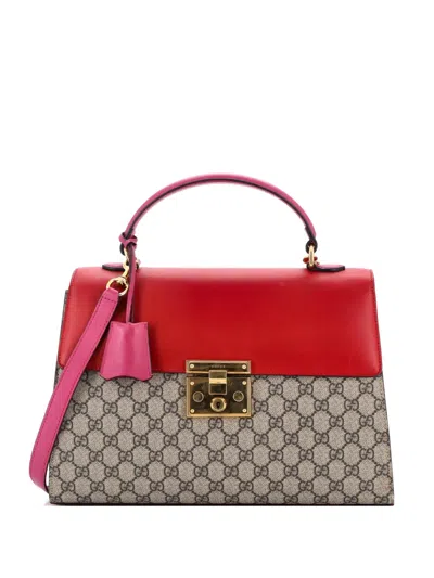 Pre-owned Gucci Padlock Top Handle Bag Gg Coated Canvas And Leather Medium Satchel In Brown