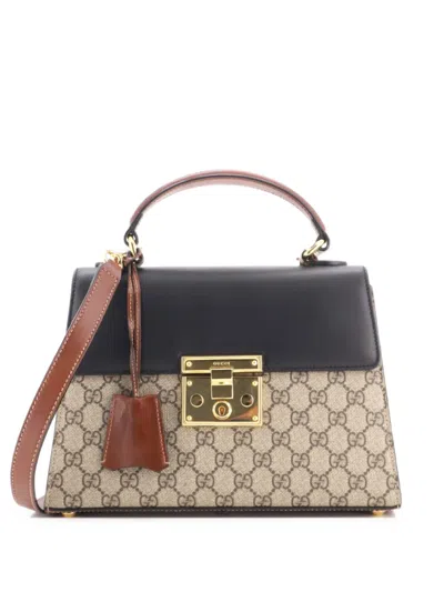 Pre-owned Gucci Padlock Top Handle Bag Gg Coated Canvas And Leather Small Satchel In Black