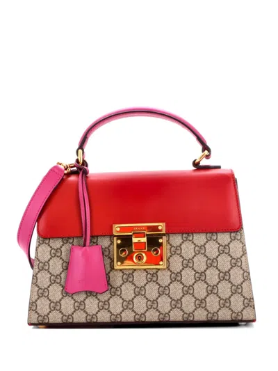 Pre-owned Gucci Padlock Top Handle Bag Gg Coated Canvas And Leather Small Satchel In Red