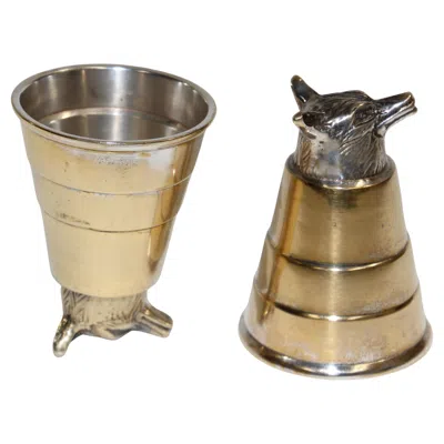 Pre-owned Gucci Pair Of Elizabeth Ii Style Fox Head Stirrup Cups, Pewter & Brass In Brown