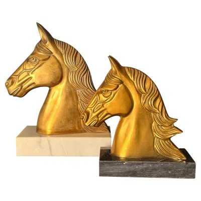 Pre-owned Gucci Pair Of Equestrian Brass Horse Bookends On Marble Base In Brown