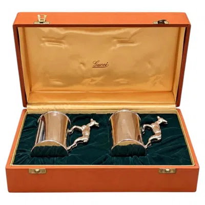 Pre-owned Gucci Pair Of  Silver-plate Tankards With Stag Handles, Original Box