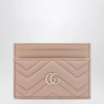 Gucci Leather Card Holder With Chevron And Logo In Beige