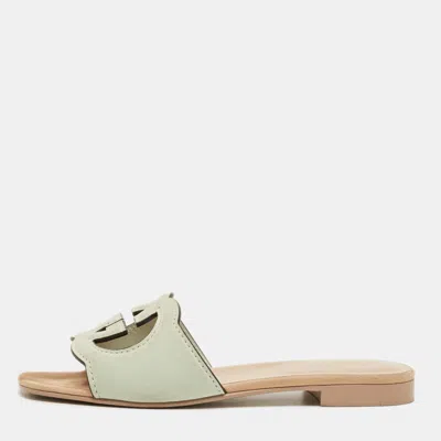 Pre-owned Gucci Pale Green Suede Interlocking G Flat Slides Size 37