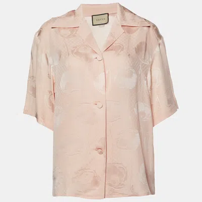 Pre-owned Gucci Pale Pink Floral Jacquard Silk Button Front Shirt S