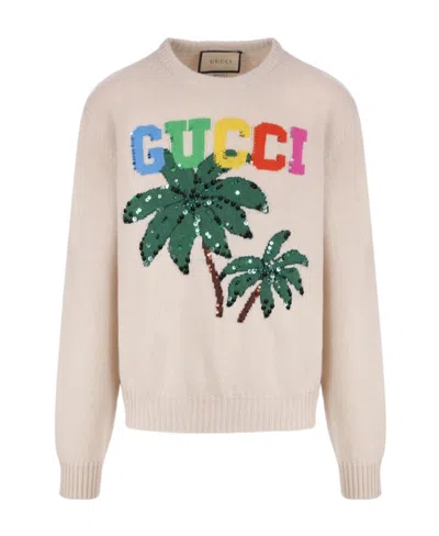 Gucci Palm Tree-print Wool Jumper In Nude