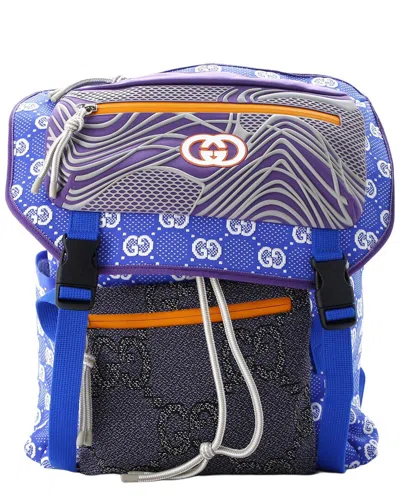 Gucci Paneled Double Buckle Backpack Gg Jacquard Nylon And Rubber Large  (authentic Pre-loved) In Blue