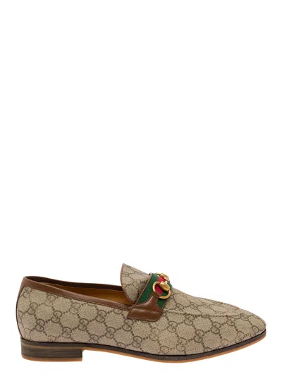 GUCCI GUCCI MEN 'PARIDE' BEIGE LOAFERS WITH HORSEBIT AND WEB DETAIL IN GG SUPREME CANVAS MAN