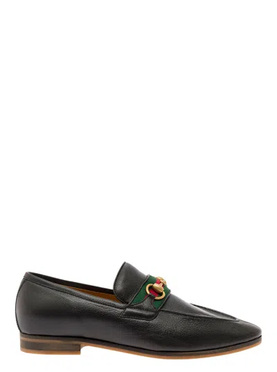 GUCCI GUCCI 'PARIDE' BLACK LOAFERS WITH WEB AND HORSEBIT DETAIL IN LEATHER MAN