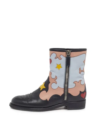 Pre-owned Gucci Patchwork-detailing Western-inspired Ankle Boots In Black