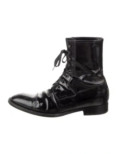 Pre-owned Gucci Patent Leather Whipstitch Trim Combat Boots In Black