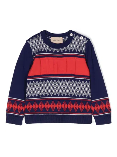 Gucci Babies' Logo-intarsia Striped Knitted Jumper In Blue