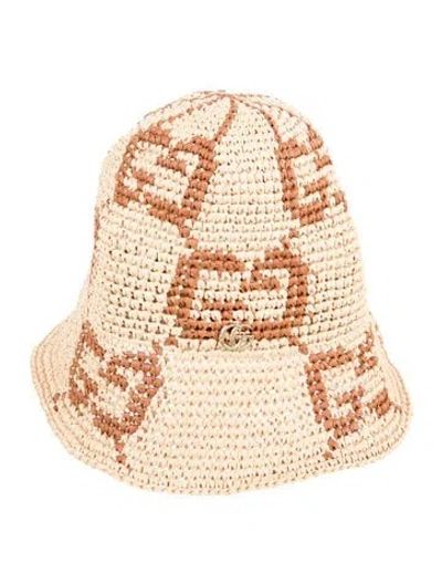 Pre-owned Gucci Pattern Print Straw Bucket Hat In Neutral
