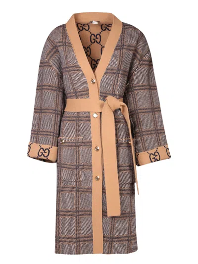 Gucci Patterned Brown Long Cardigan In Beige