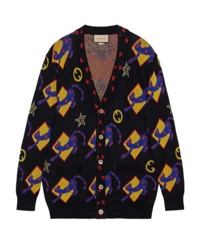 Gucci Patterned-intarsia Cotton Cardigan In Black