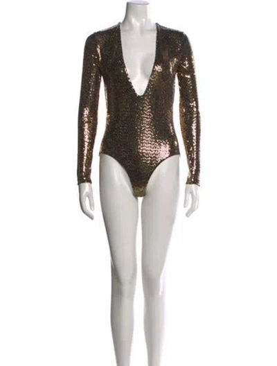 Pre-owned Gucci Patterned Plunge Neckline Bodysuit W/ Tags In Black/gold