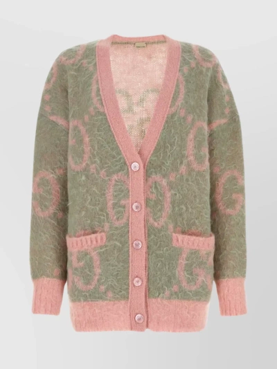 GUCCI PATTERNED V NECK CARDIGAN WITH RIBBED CUFFS AND HEM