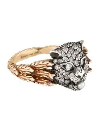 Pre-owned Gucci Pearl & Diamond Le Marche Des Merveilles Feline Head Cocktail Ring In Multi
