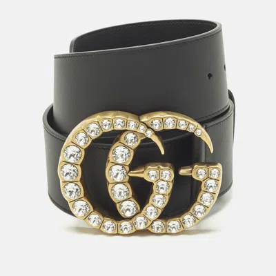 Pre-owned Gucci Pearl Embellished Double G Wide Belt Black Leather