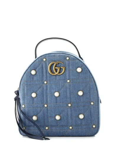 Pre-owned Gucci Pearly Gg Marmont Embellished Matelasse Denim Small Backpack In Blue
