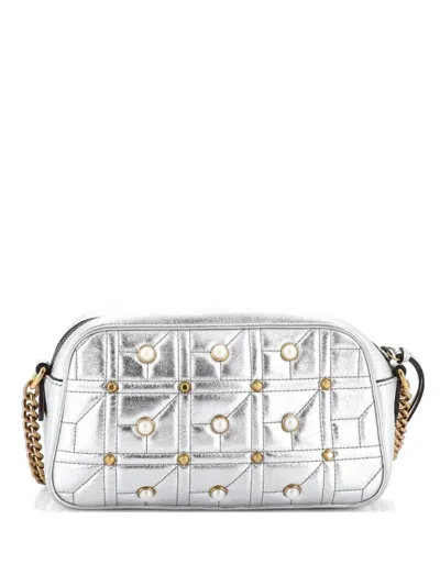 Pre-owned Gucci Pearly Gg Marmont Shoulder Bag Embellished Matelasse Leather Small Crossbody Bag In Silver