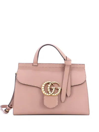 Pre-owned Gucci Pearly Gg Marmont Top Handle Bag Leather Small Satchel In Neutral