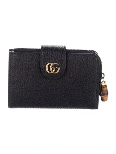 Pre-owned Gucci Pebbled Calfskin Gg Marmont French Wallet Double G Logo French Purse In Black