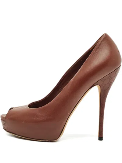 Pre-owned Gucci Peep-toe Platform Pumps In Brown