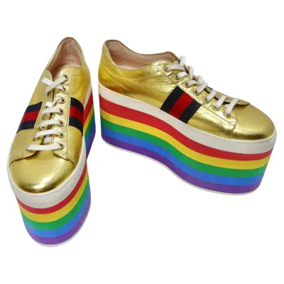 Pre-owned Gucci Peggy Rainbow Platform Sneakers In Brown