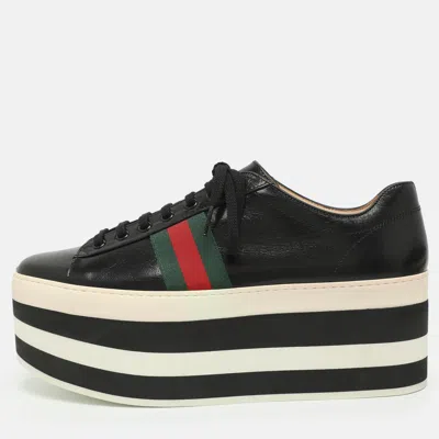 Pre-owned Gucci Peggy Web Size 41 Black Leather Platform Sneakers