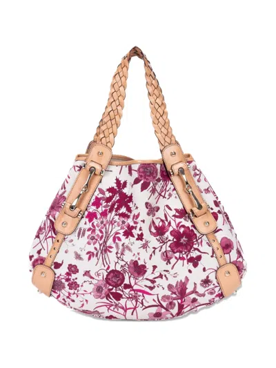 Pre-owned Gucci Pelham Floral Braided Handle Tote Bag In White