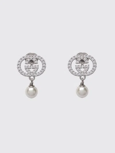 Gucci Pendant Earrings In Brass With Synthetic Pearls And Rhinestone Gg Logo In Silver