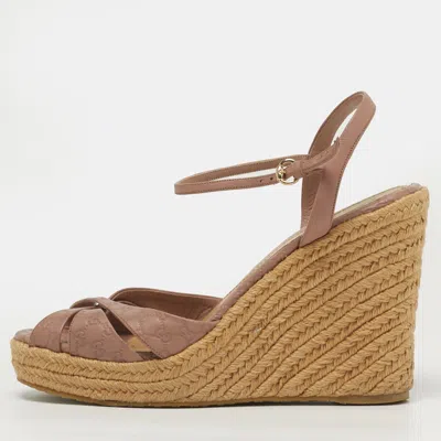 Pre-owned Gucci Penelope Size 38 Dusty Pink Microssima Leather Espadrille Wedge Sandals