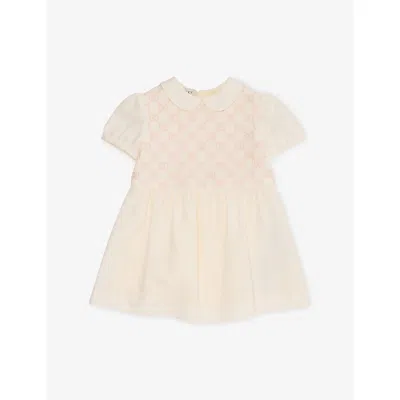 Gucci Kids' Peter-pan Embroidered-logo Cotton-and-wool Dress 9-36 Months Off White/pink