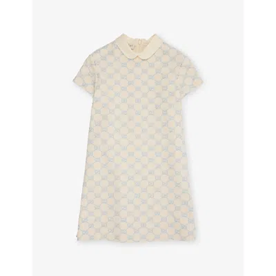 Gucci Kids' Peter-pan Embroidered-monogram Woven Dress 4-10 Years Ivory/light Blu In Neutral