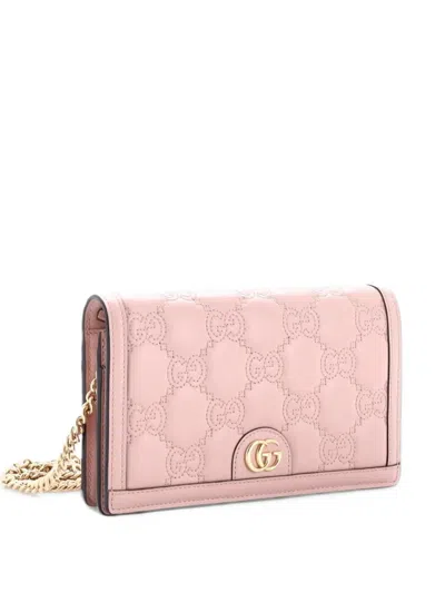 Pre-owned Gucci Petite Gg Marmont Chain Wallet Gg Matelasse Leather Mini Crossbody Bag In Pink