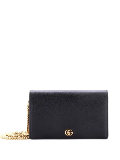 Pre-owned Gucci Petite Gg Marmont Chain Wallet Leather Mini Crossbody Bag In Black