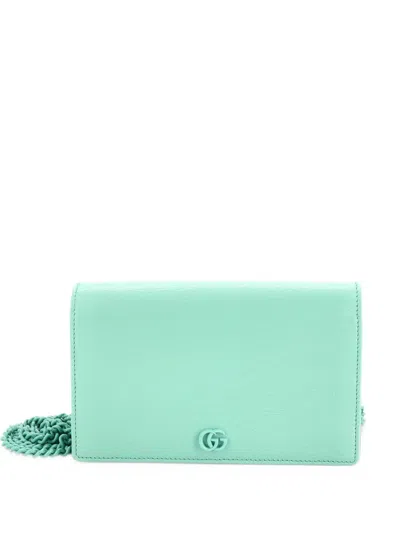 Pre-owned Gucci Petite Gg Marmont Chain Wallet Leather Mini Crossbody Bag In Green