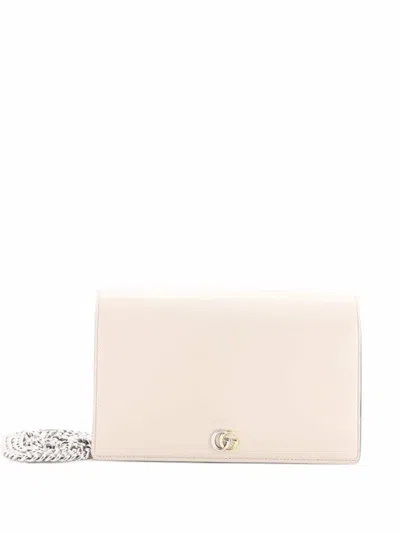 Pre-owned Gucci Petite Gg Marmont Chain Wallet Leather Mini Crossbody Bag In Neutrals